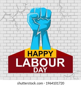 Happy Labour Day-Vektorplakat mit der ersten Hand und geknackter Wand auf der Rückseite