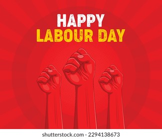 Happy Labour Day Vector Poster. Happy Labour Day visual. 1st May Worker's Day design. 3 red hand and red background vector illustrations.