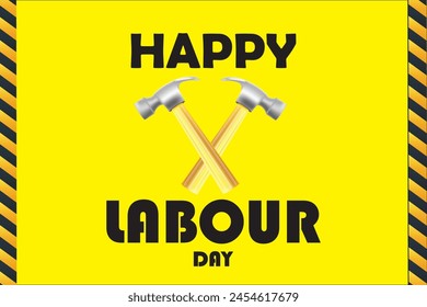 Happy labour day vector, social media post, or banner with yellow background with hammer concept  EPS editable file. workers day poster International Labuor Day. May 1st. Creative labor day ads.