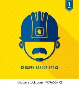 Happy Labour Day / Worker Day. Symbol of worker on yellow background in flat design with long shadow. Worker vector illustration. Worker icon.