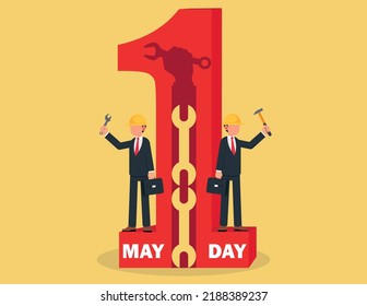 Happy Labour day, workers day. two business people standing with tools celebrating labor day