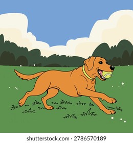 Happy labrador dog running with ball in park, golden retriev