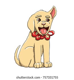 Happy Labrador Retriever puppy as a present with bow-knot. Graphic vector illustration