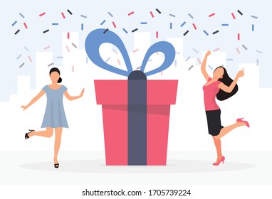 Happy ladies with a large gift box. Bonus or special offer. Present. Modern vector illustration.
