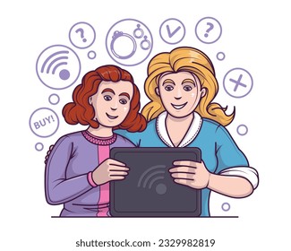 Happy ladies looking at tablet and chose rings. Happy people choose to shop through apps and online website on devices. Online shopping concept. Flat vector illustration in cartoon style