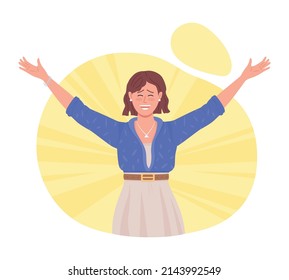 Feliz dama 2D vector ilustración aislada. Personaje plano emocionado y alegre sobre el fondo de las caricaturas. Mujer sonriendo y riendo y satisfecha escena colorida para móvil, sitio web, presentación