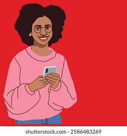 Happy lady with Afro hair holding a cell phone with a bright smile.