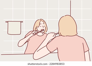 Feliz Dama Cepillado De Dientes Con Pincel De Dentadura En El Cuarto De Baño. Ilustraciones de diseño vectorial de estilo dibujado a mano.