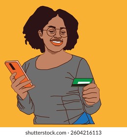 happy lady checking her cell phone and holding a card