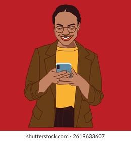 Feliz senhora verificando seu crédito de celular