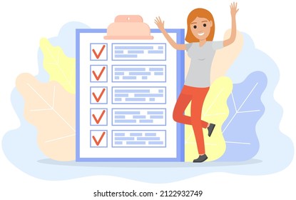 Happy lady checking on daily plan. Businesswoman dancing near completed tasks in schedule. Woman analyses form marks completed case in checklist. Time management and successful planning concept
