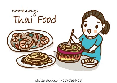 Happy lady cooking Thai food, Stir Fried Basil with Shrimp and Minced Pork, Pad Thai, drawing style vector illustration