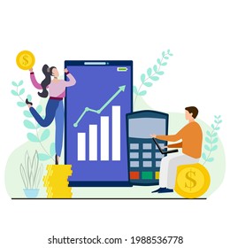 Happy lady dancing and holding gold coin standing on coin stack, a man sitting on gold coin using laptop in front of smartphone that screen shows graph and credit card machine