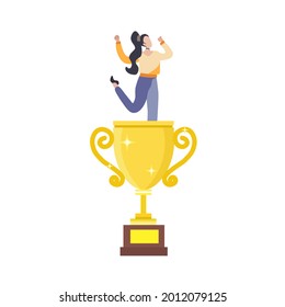 A happy lady dancing on top of a trophy, victory concept