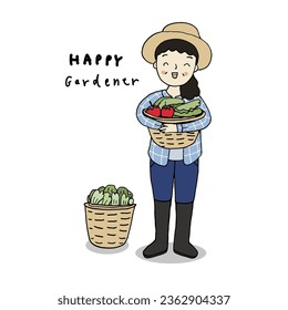 Feliz agricultora sosteniendo una canasta de verduras, ilustración vectorial de estilo dibujado a mano.