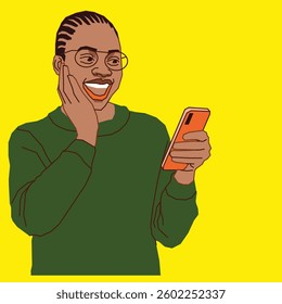 Happy lady going through her mobile phone alert