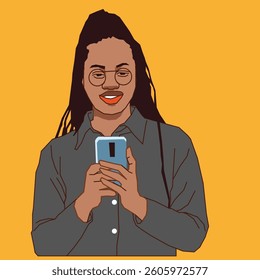 Happy lady going through her cell phone messages