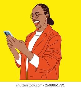 happy lady going through her cell phone calls