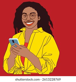 happy lady holding a cell phone while reading her messages