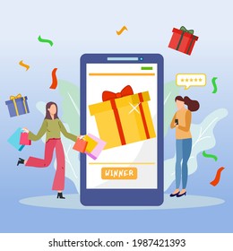 A Happy Lady Holding Shopping Bag The Other Woman Using Phone, Smart Phone Screen Shows Present Box, Win The Rewards, Member Get Member Concept, Top Spender Concept