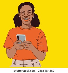 Happy lady looking at her phone emails with a smile.