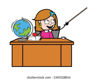 Happy Lady Pointing with Stick Vector Illustration