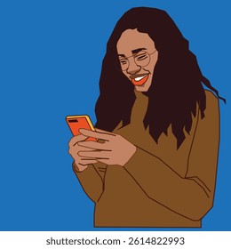happy lady reading her mobile phone messages