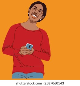 Happy lady in a red sweater holding a cell phone with a bright smile.