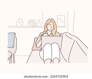  happy lady sit couch hold cup look laptop good mood indoors inside house. Hand drawn style vector design illustrations.