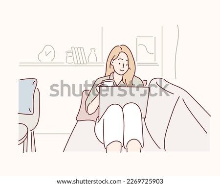  happy lady sit couch hold cup look laptop good mood indoors inside house. Hand drawn style vector design illustrations.