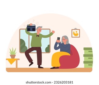 Happy lady sitting in armchair and taking pictures of man dancing with record player. Concept of happy retirement. Positive seniors spending time indoors. Vector flat illustration