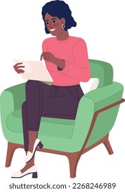 Happy lady with tablet sitting in armchair semi flat color vector character. Editable figure. Full body person on white. Simple cartoon style spot illustration for web graphic design and animation