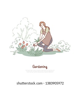 Happy lady working in garden, female gardener in apron, plant care, horticulture chores, agriculture, gardening banner