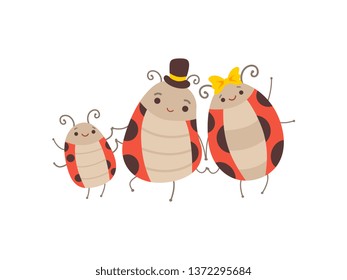 Happy Ladybug Family, Cheerful Mother, Father Ladybugs and Their Baby, Cute Cartoon Insects Characters Vector Illustration