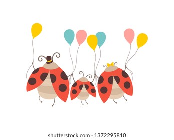 Happy Ladybug Family, Cheerful Mother, Father and Their Baby Holding Colorful Balloons, Back, View, Cute Cartoon Insects Characters Vector Illustration