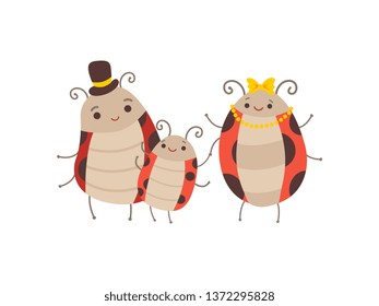 Happy Ladybug Family, Manly Ladybug, His Wife and Their Baby, Cute Cartoon Insects Characters Vector Illustration