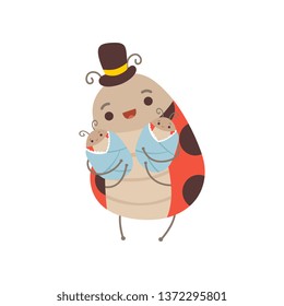 Happy Ladybug Family, Manly Ladybug with Top Hat on His Head Holding His Newborn Babies, Cute Cartoon Insects Characters Vector Illustration