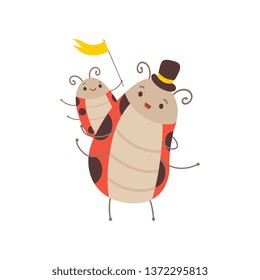 Happy Ladybug Family, Manly Ladybug Wearing Top Hat Carrying Baby on His Back, Cute Cartoon Insects Characters Vector Illustration