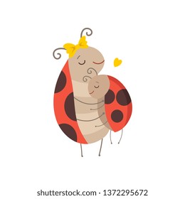 Happy Ladybug Family, Mother Ladybug Embracing Her Child, Cute Cartoon Flying Insects Characters Vector Illustration