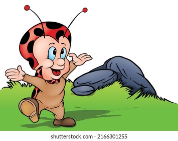 Happy Ladybug with Open Arms - Colored Cartoon Illustration with Background, Vector