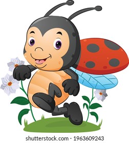 The happy ladybug is running and flying in the beautiful garden of illustration