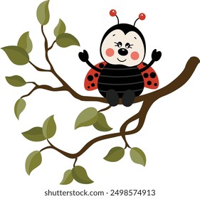 Happy ladybug sitting on a tree branch with leaves
