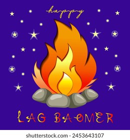 Happy Lag Baomer. Postcard, poster, invitation. A fire against the backdrop of the night starry sky. Fire lettering. Paper cutting and crafting style.