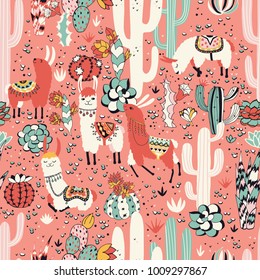 Happy lama in cactus jungles with lovely flowers and cacti on pink background. Seamless vector pattern. Good for posters, stickers, cards, notebooks and other childish accessories.