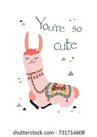 Happy lama card in vector. Good for posters, stickers, cards, notebooks and other childish accessories.