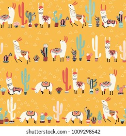 Happy lama seamless pattern with lovely flowers and cacti. Vector illustration. Good for posters, stickers, cards, notebooks and other childish accessories.