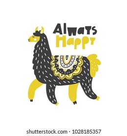 Happy lama vector drawing made by hand. Good for greeting cards, invitations, children room decoration, etc.