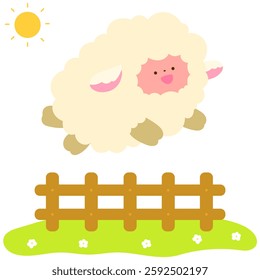 happy lamb leaping over a fence on a sunny day, adorable farm animal flat vector illustration