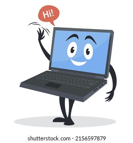 Happy laptop mascot funny character greeting speech bubble isometric vector illustration. Smiling open notebook with eyes mouth hands legs isolated. Personal computer for cyberspace internet browsing