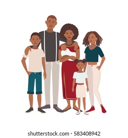 Happy large black family portrait. Father, mother, sons and daughters together. Vector illustration of a flat design.